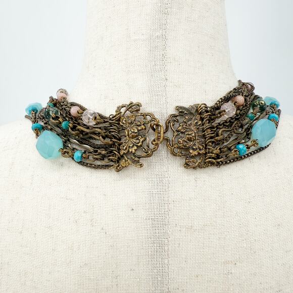Stephen Dweck multi-12 strand pink & blue Beaded Statement Necklace bronze metal - Picture 9 of 11